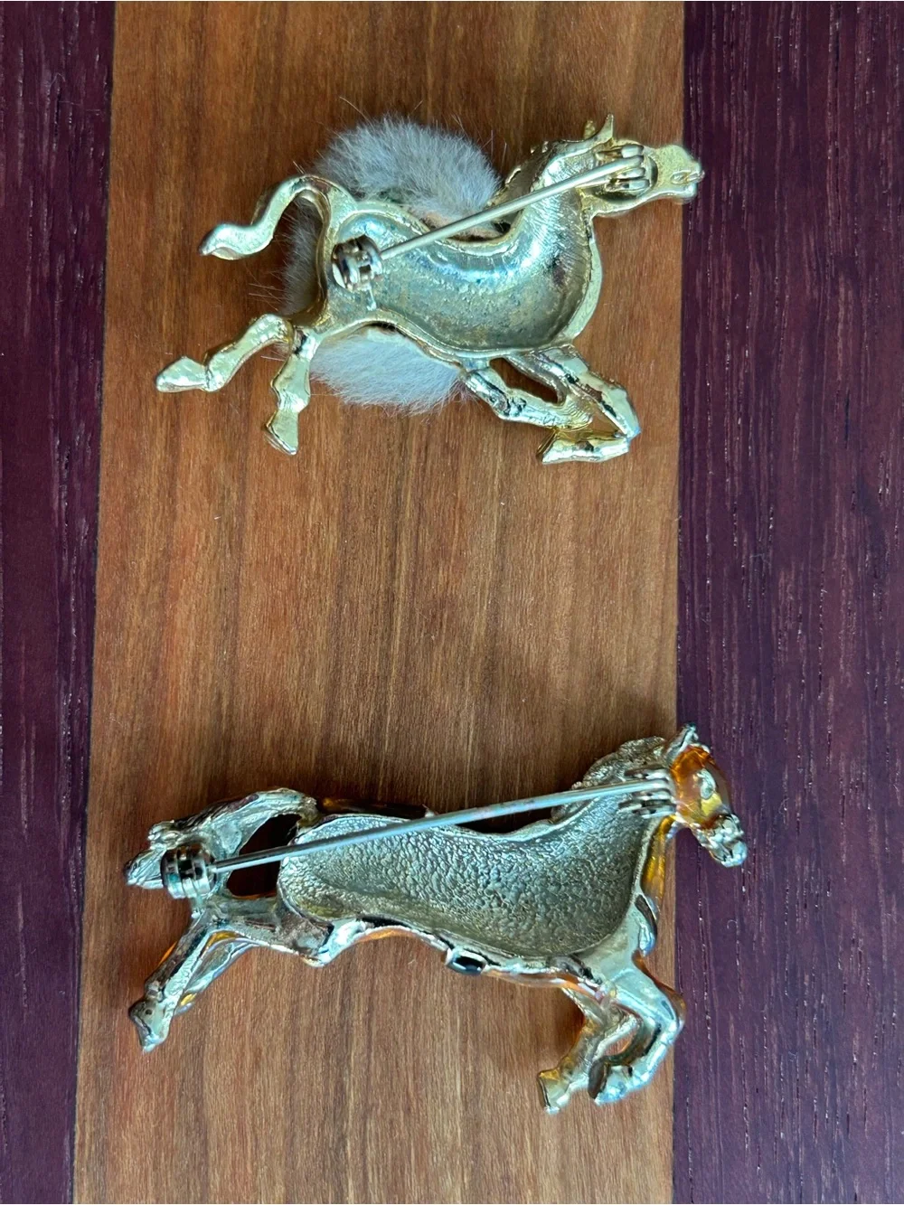 Vintage Rare Mink Fur Horse & Gold-Tone Enamel Horse Brooches (2) - As Is